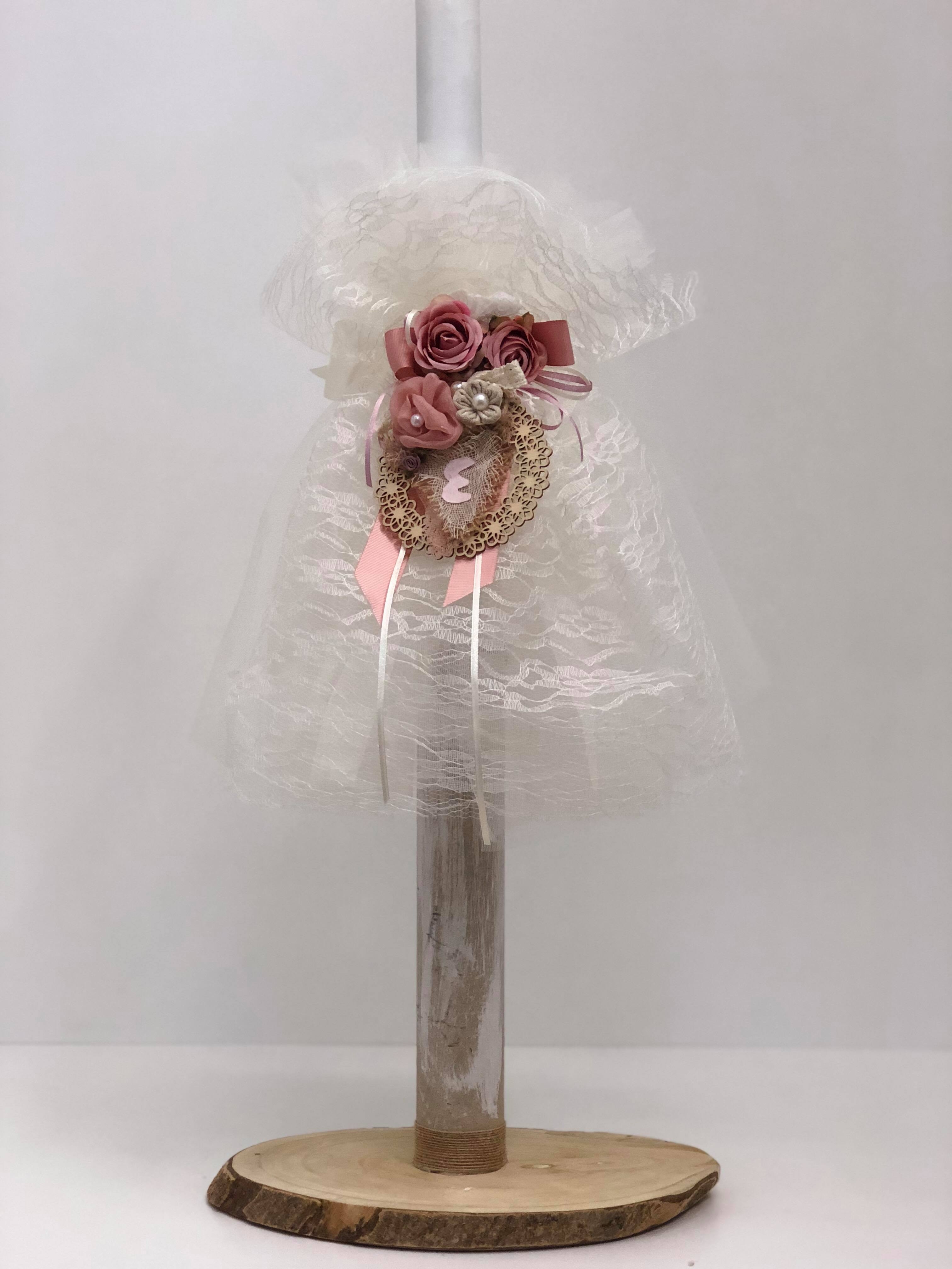 βαπτιστική λαμπάδα κορίτσι δαντέλα ύφασμα ιβουάρ κορδέλα γκρο οικονομική Θεσσαλονίκη Αθήνα λουλούδι στεφάνι ξύλινο : 1