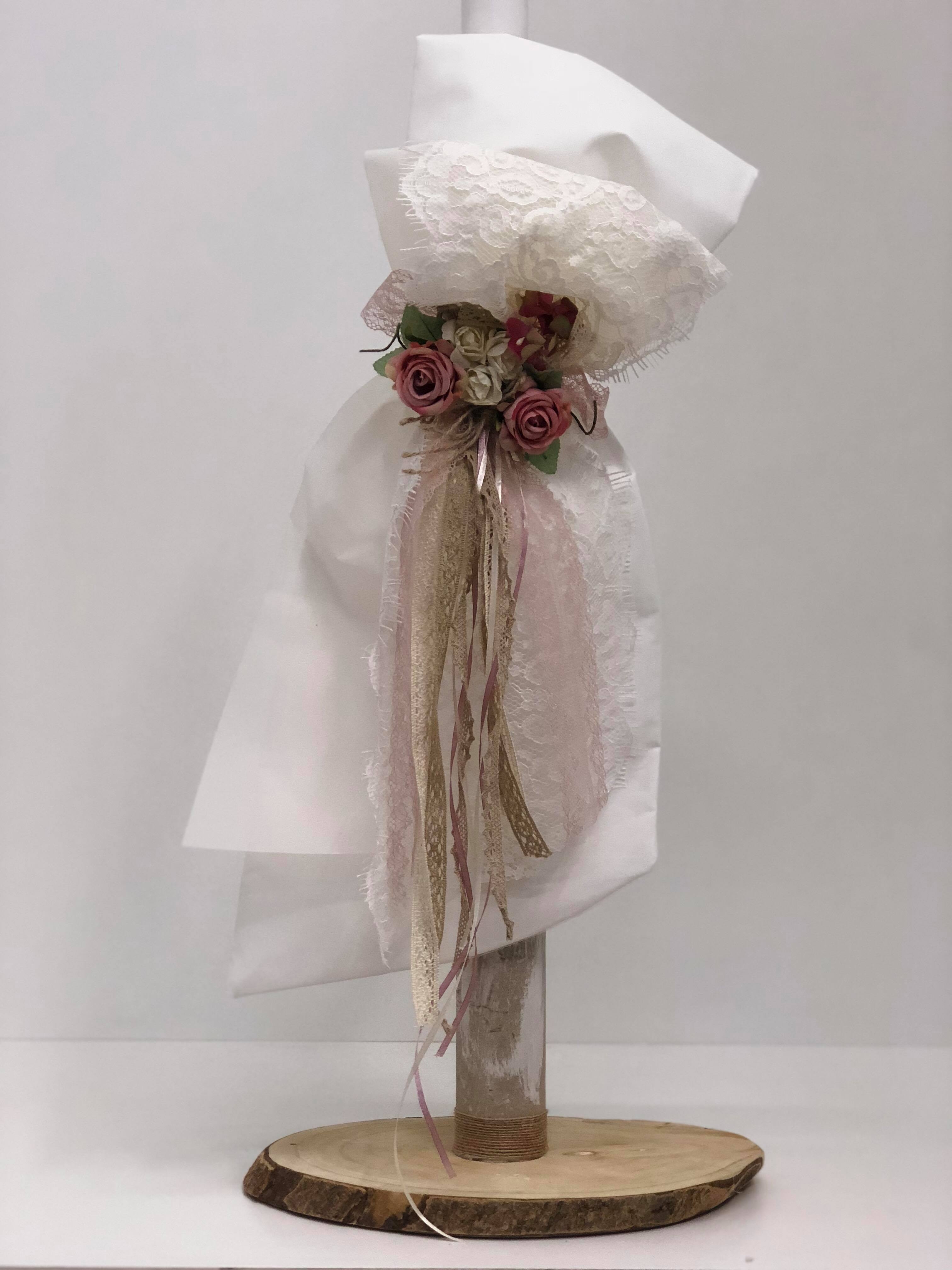 βαπτιστική λαμπάδα κορίτσι άνθη λουλούδια δαντέλα κορδέλες ύφασμα ιβουάρ ροζ μπεζ ιβουάρ κερί οικονομική Θεσσαλονίκη Αθήνα : 1