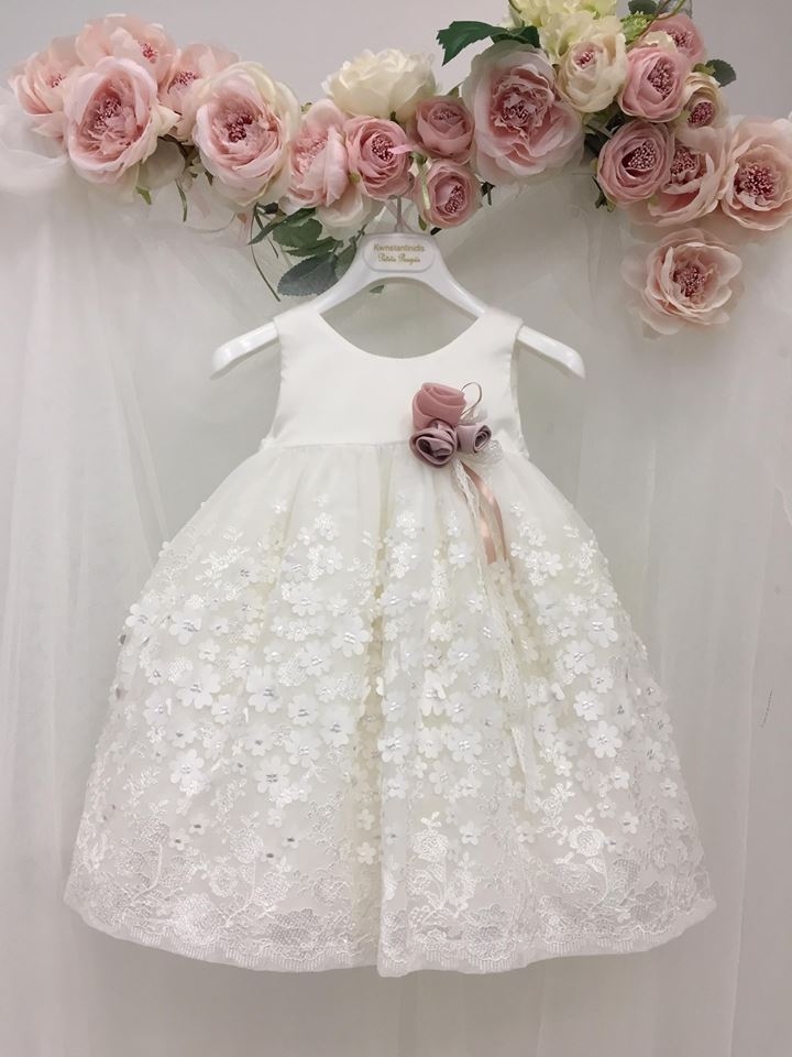 Βαπτιστικό φόρεμα με λουλούδια στη φούστα τρισδιάστατα : 1