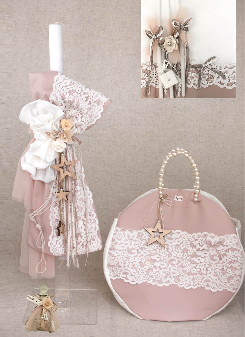 Τσάντα βάπτισης για κορίτσι δαντέλα σάπιο μήλο με πέρλες θέμα το αστέρι Λουκία.Λαμπάδα με φιόγκους και δαντέλα. : 1