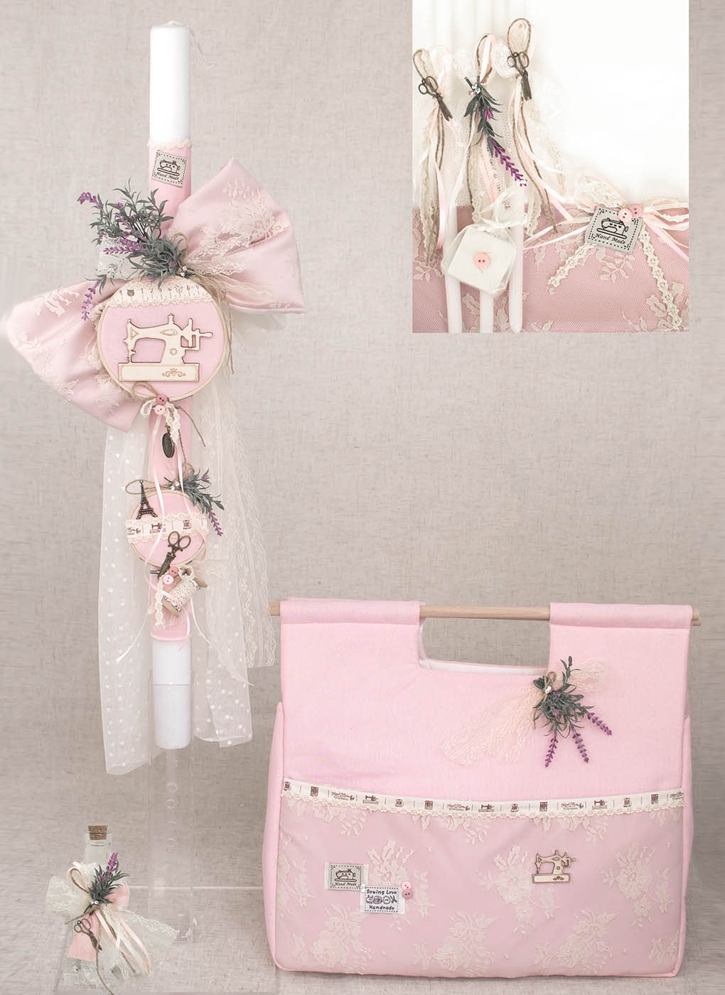 τσάντα βάπτισης για κορίτσι boho λεβάντα ραμπτομηχανή ροζ πουά δαντέλα : 1