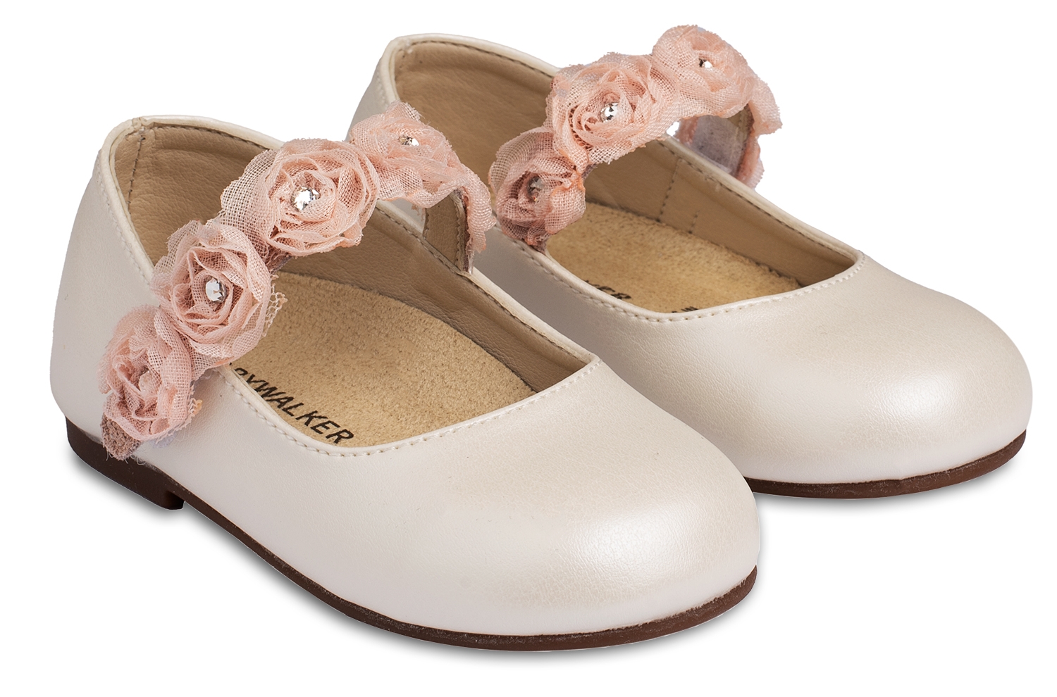 Babywalker με λουλούδια chiffon Εκρού Ροζ - Βαπτιστικά παπούτσια για κορίτσι