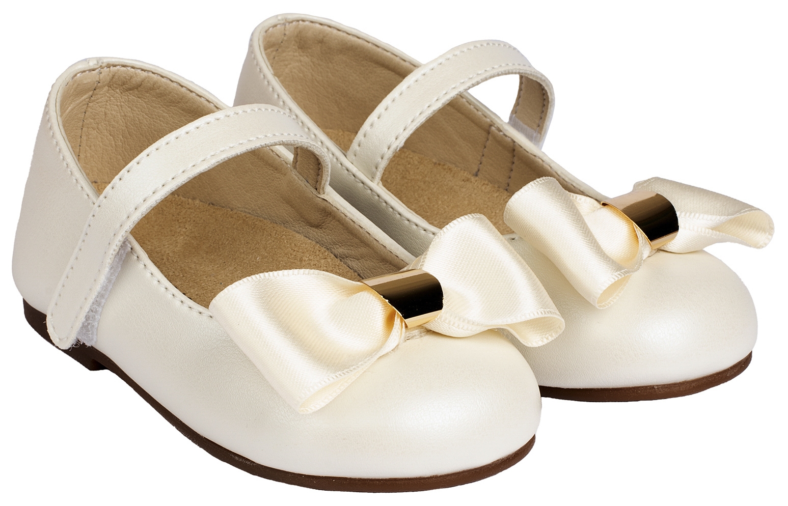 Babywalker με σατέν φιόγκο και χρυσό Εκρού - Βαπτιστικά παπούτσια για κορίτσι