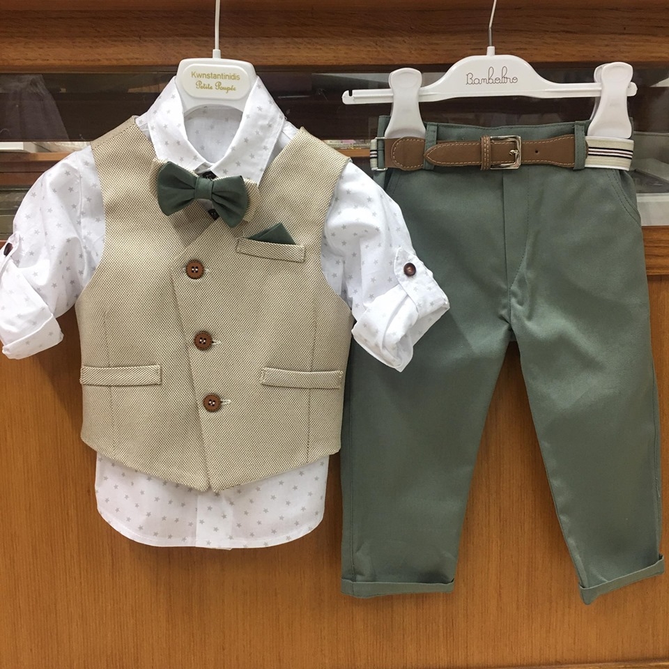 βαπτιστικά ρούχα για αγόρι μέντα πράσινο μπεζ αστεράκια πουκάμισο : 1