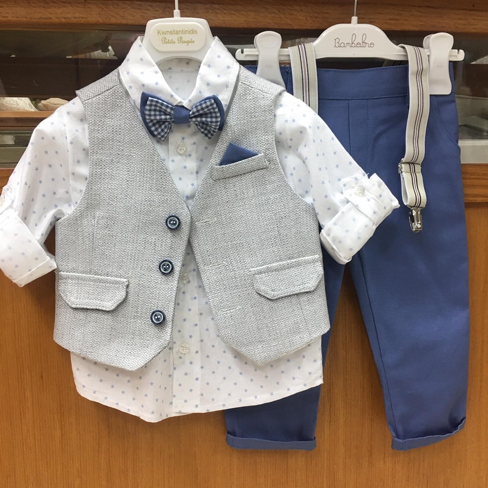 βαπτιστικό ρούχο για αγόρι ραφ γκρι με αστεράκια σιέλ γιλέκο και τιράντες : 1