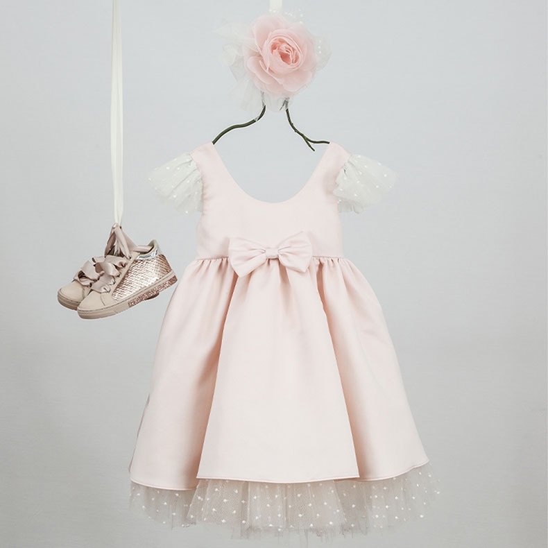 βαπτιστικό φόρεμα για κορίτσι ροζ μεταξωτό πουά τούλι : 1
