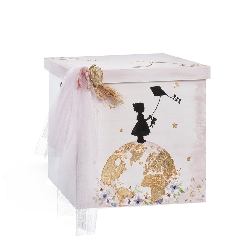 κουτί βάπτισης ξύλινο ροζ χρυσό κοριτσάκι πάνω στη γή λουλούδια world travel ταξίδι : 1