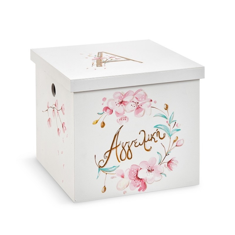 κουτί βάπτισης ζωγραφισμένο στο χέρι λουλούδια στεφάνι για κορίτσι με όνομα και μονόγραμμα ροζ χρυσό σάπιο μήλο : 1