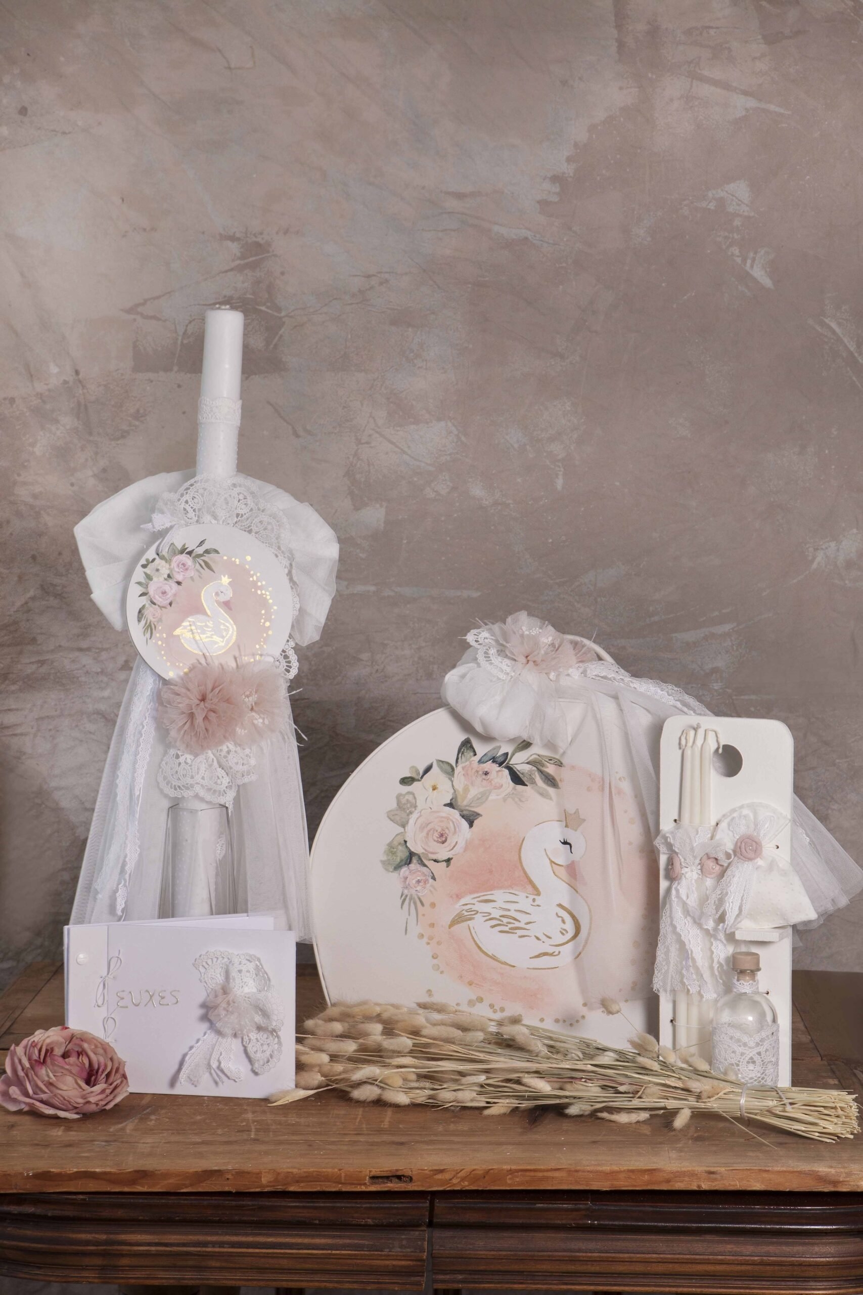 καπελιέρα τσάντα βάπτισης για κορίτσι ζωγραφισμένος κύκνος λαμπάδα λουλούδια : 1