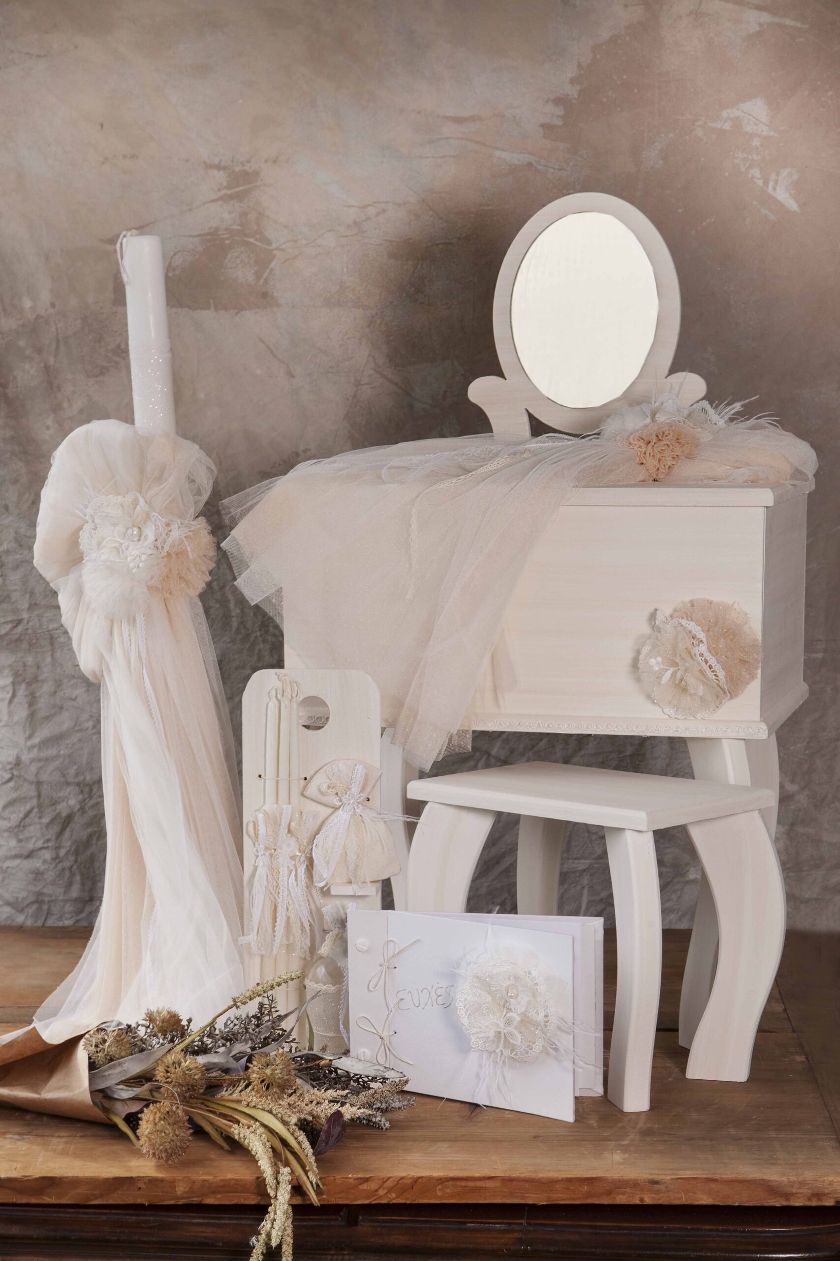 τουαλέτα μπουντουάρ βάπτισης για κορίτσι με καθρέφτη ρομαντικό vintage τούλια δαντέλα λουλούδια σετ πακέτο : 1