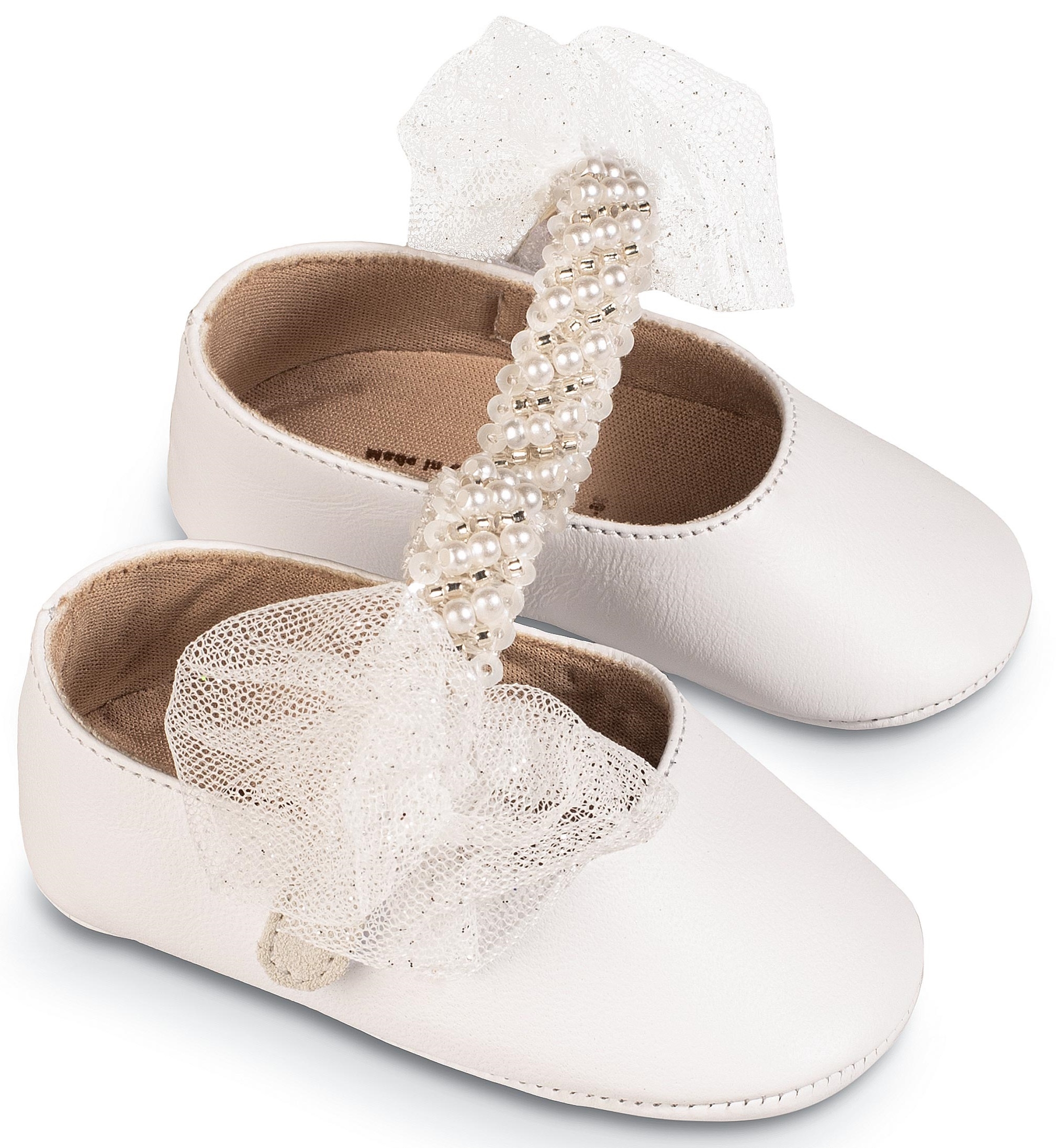 Babywalker Αγκαλίτσας Λευκό πέρλα & τούλι - Βαπτιστικά παπούτσια για κορίτσι