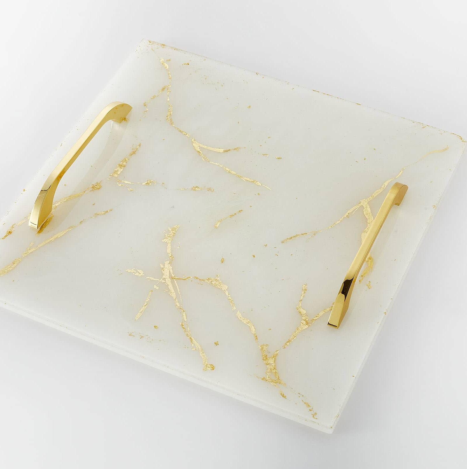 δίσκος υγρό γυαλί περλέ λευκό φύλλα χρυσού χρυσά χερούλια γάμος σετ κουμπάρου χρυσό σετ : 1