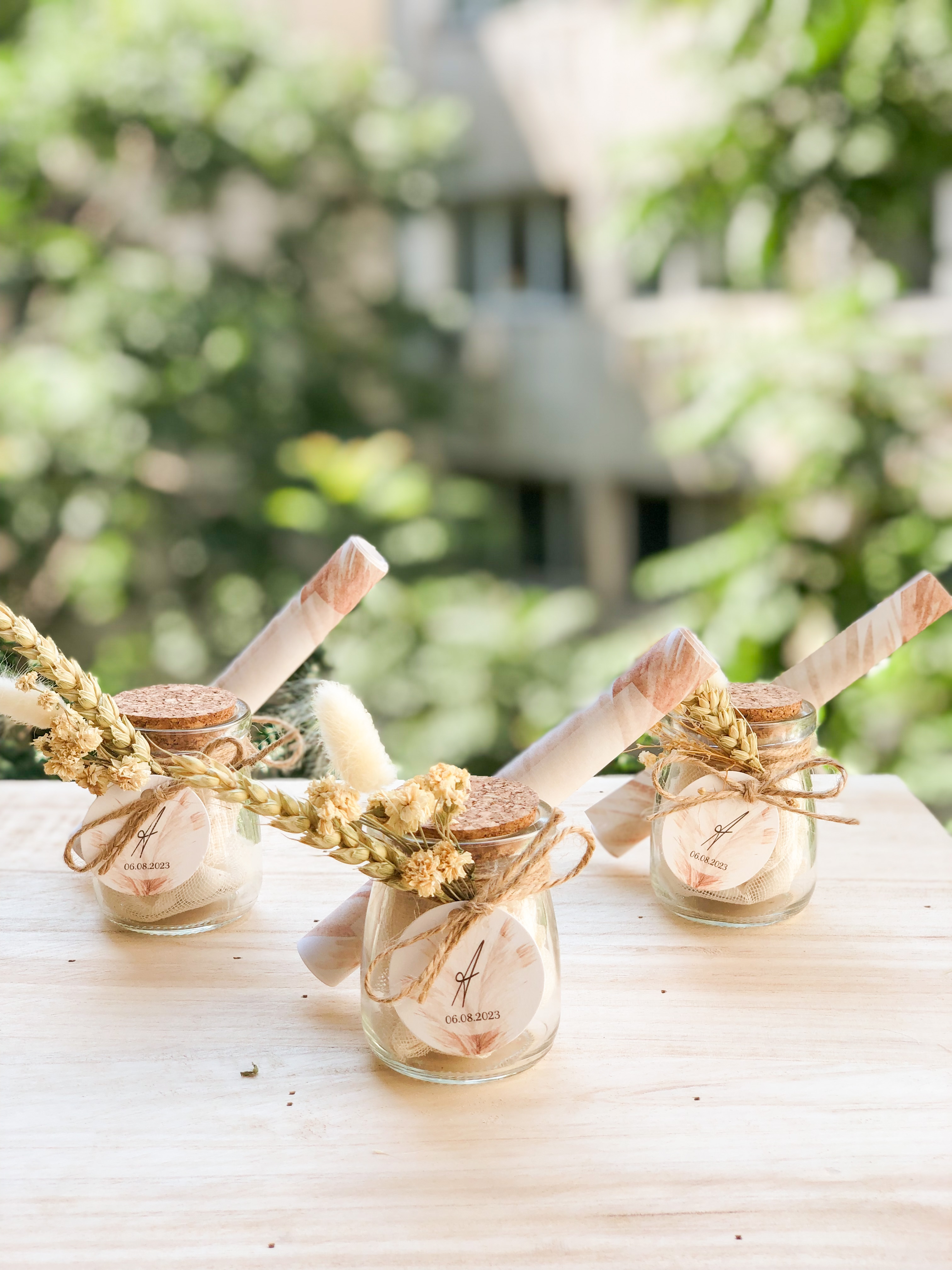 βαζάκι μπομπονιέρα γυάλινο δοκιμαστικό σωλήνας με φελλό αποξηραμένα λουλούδια σχοινί vintage boho μπομπονιέρα γάμου βάφτισης με πρόσκληση : 1