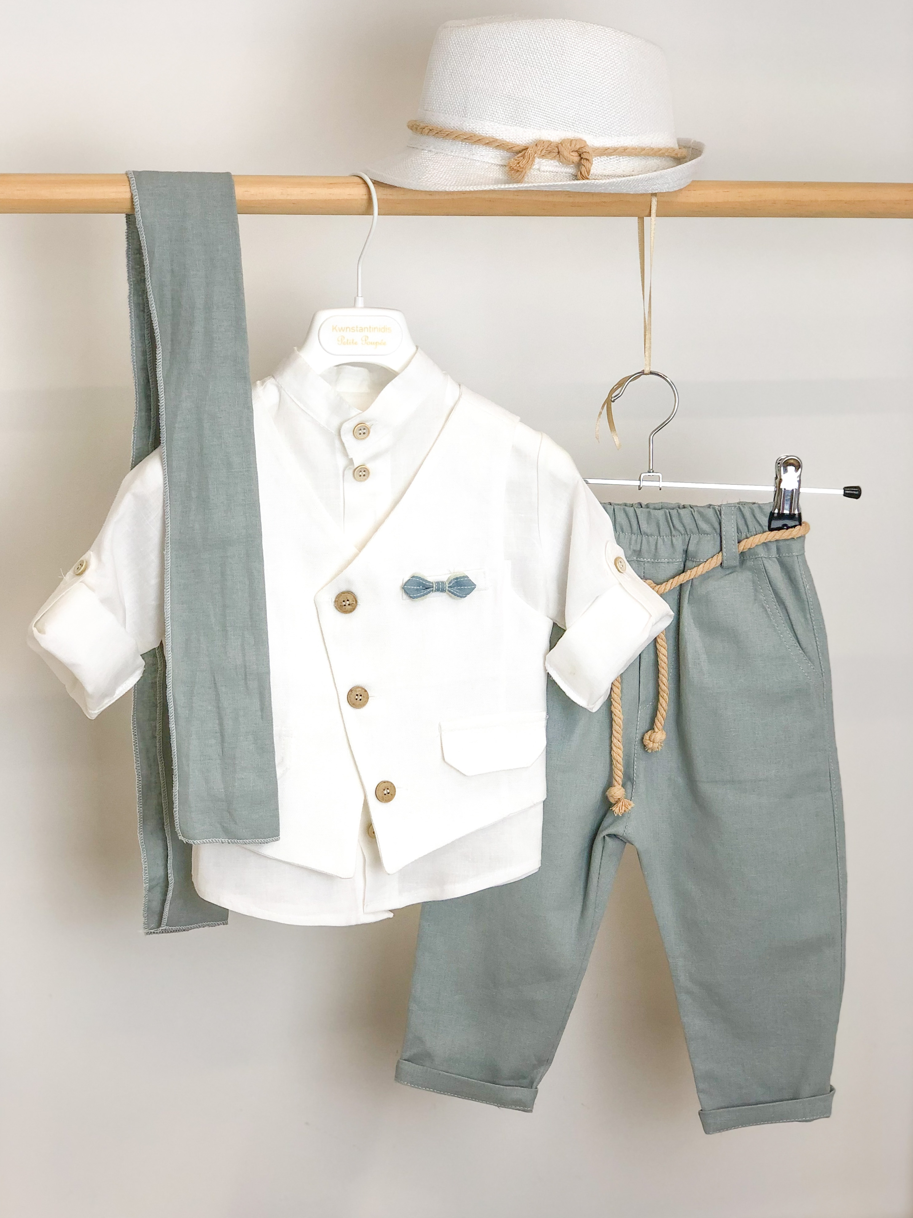 βαπτιστικά ρούχα για αγόρι μέντα λευκό λινό βαμβακερό πουκάμισο χωρίς γιακά μάο λοξό γιλέκο φουλάρι : 1