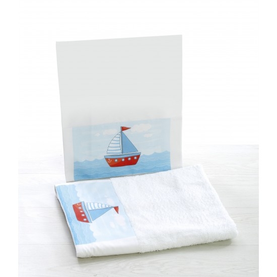 Λαδόπανο με τύπωμα Καράβι σε λευκό χρώμα ( περιλαμβάνει μεγάλη, μικρή πετσέτα, εσώρουχα βαμβακερά) καραβάκι θέμα ναυτικό : 1