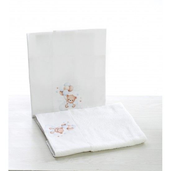 Λαδόπανο με τύπωμα Αρκουδάκι σε λευκό χρώμα ( περιλαμβάνει μεγάλη, μικρή πετσέτα, εσώρουχα βαμβακερά)αρκουδάκι μπαλόνια μπεζ σιέλ : 1