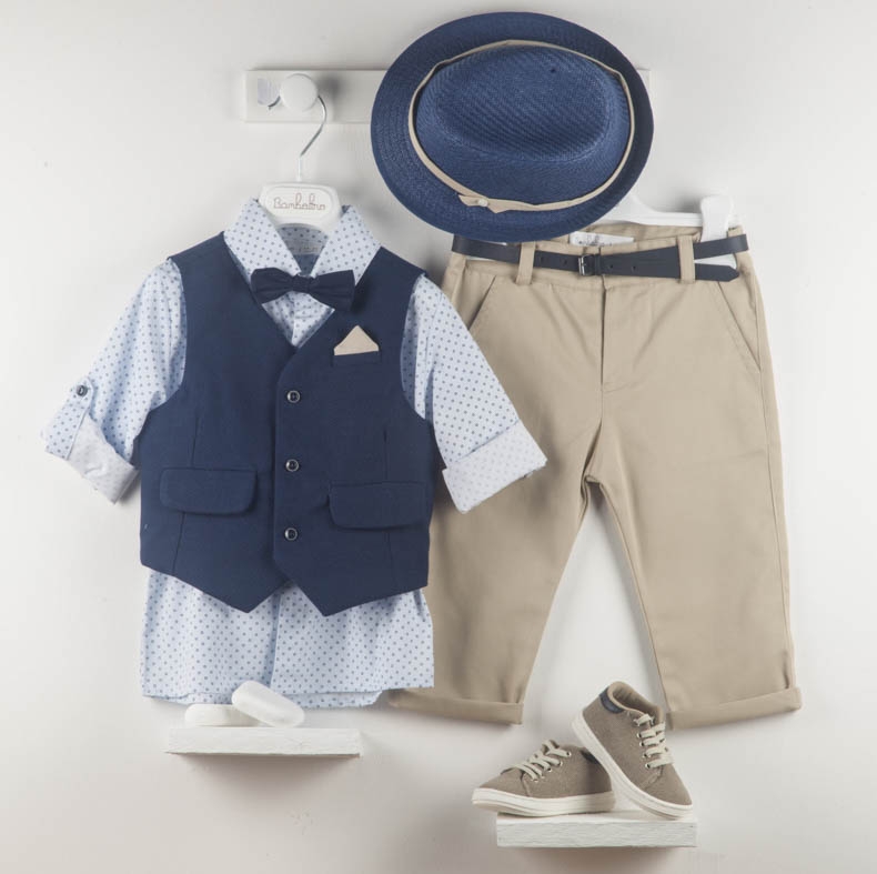 bambolino pierre βαπτιστικά ρούχα για αγόρι μπλε μπεζ γιλέκο καπέλο : 1