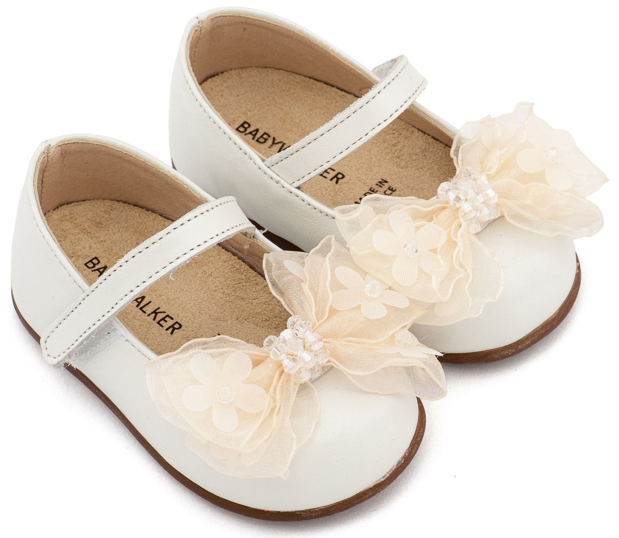 Δερμάτινο Γοβάκι Μονή Μπαρέτα Φιογκάκι Οργάντζας σε Εκρού Χρώμα : 1