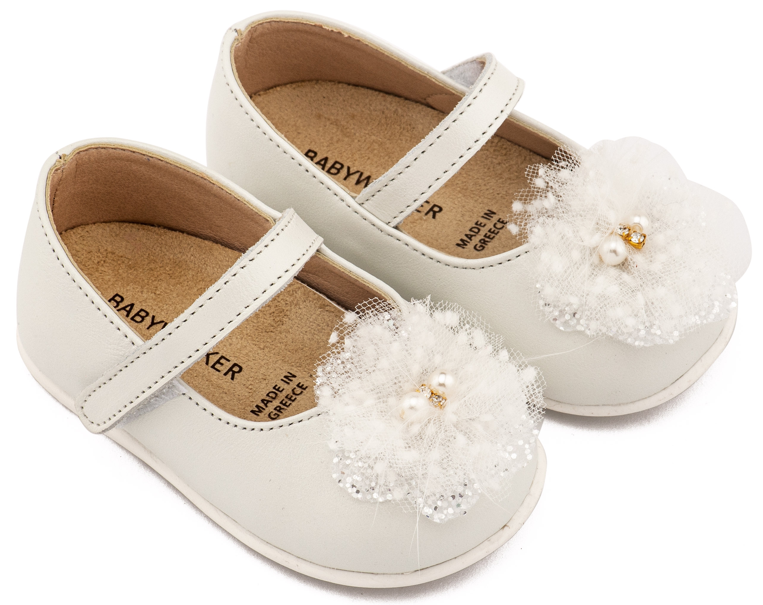 Δερμάτινο Γοβάκι Μονή Μπαρέτα Χειροποίητο Διακοσμητικό από Τούλι σε Εκρού Χρώμα. : 1