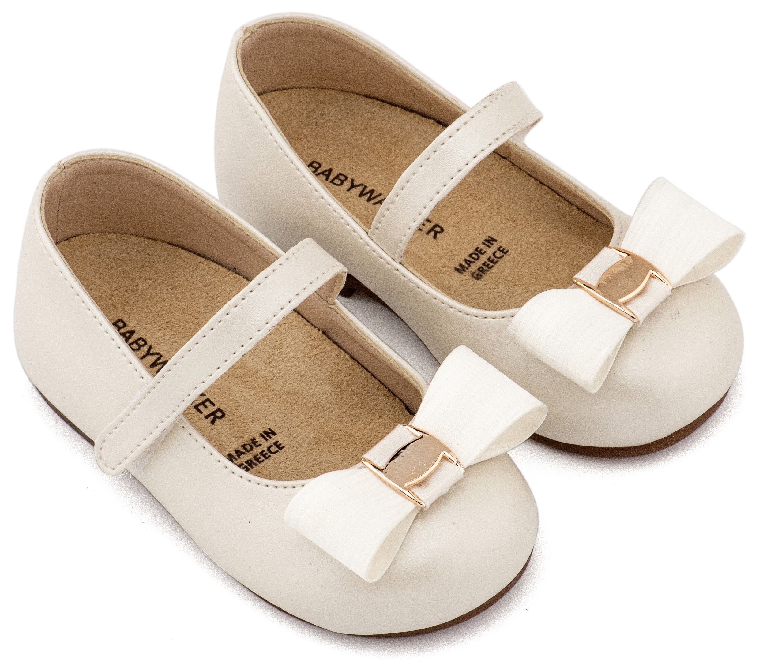 Δερμάτινο Γοβάκι Μονή Μπαρέτα με Σατέν Φιόγκο και Χρυσή Αγκράφα σε Εκρού Χρώμα : 1