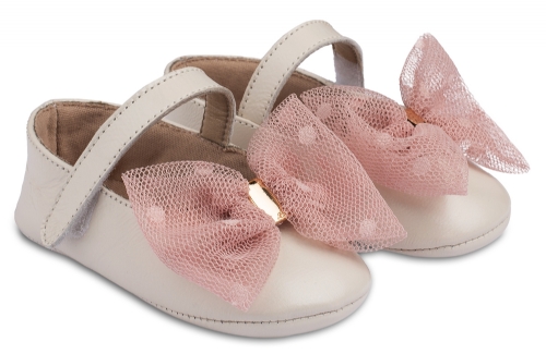 Babywalker αγακλιάς με τούλινο φιόγκο εκρού ροζ - Βαπτιστικά παπούτσια για κορίτσι