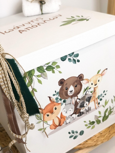 ξύλινο κουτί βάπτισης ζωγραφισμένο ζωάκια του δάσους