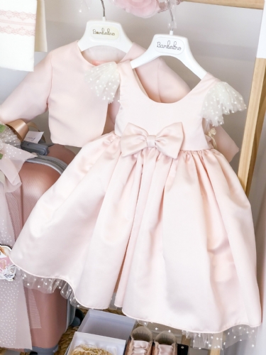 φόρεμα bambolino aimiliana ροζ με πουά και ζακετάκι