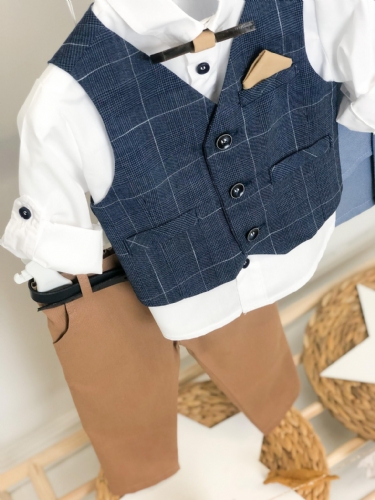 βαπτιστικό ρούχο για αγόρι ταμπά μπλε καρό γιλέκο ξύλινο παπιγιόν μπεζ