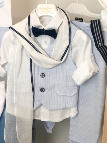 βαπτιστικό ρούχο για αγόρι σιέλ ριγέ παντελόνι και γιλέκο με φουλαρι