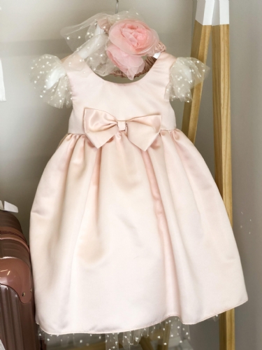 φόρεμα βάπτισης για κορίτσι ροζ με φιόγκο και πουά τούλι