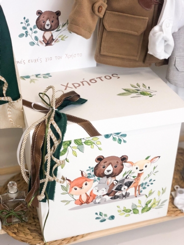 κουτί ξύλινο βάπτισης για αγόρι ζωγραφισμένο με ζωάκια δάσους στολισμός πράσινο μπεζ καφέ μέντα