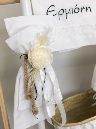 boho λαμπάδα βάπτισης κορίτσι λευκός φιόγκος κοφτό μπριντερί σχοινί λουλούδι