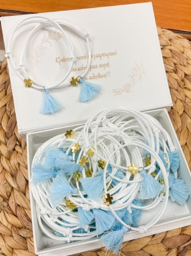 Suede λευκό βραχιολάκι με σιέλ φουντάκι