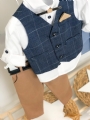 βαπτιστικό ρούχο για αγόρι ταμπά μπλε καρό γιλέκο ξύλινο παπιγιόν μπεζ : 2